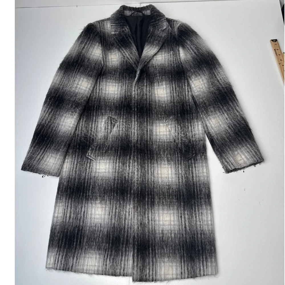 Saturdays NYC Mens Black White Plaid Wool Blend Shaggy Overcoat Jacket Size M
